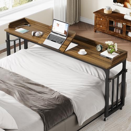 71 in Queen Size Overbed Table with Wheels, Brown | Height Adjustable, Bed Table with Adjustable Tilt Board, Mobile Laptop Cart Computer Desk with Power Outlets, USB Ports - color: Brown