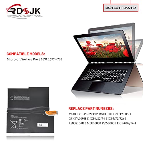 RDSJK Compatible MS011301-PLP22T02 MS011301 Battery Replacement for Microsoft Surface Pro 3 Pro3 1631 1577-9700 G3HTA005H G3HTA009H 1ICP4/82/74-1 7.6V 42.2Wh 5547mAh