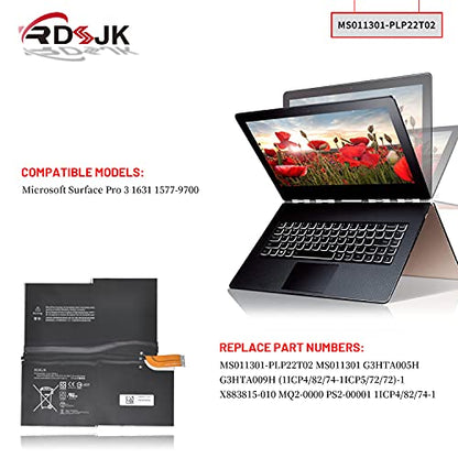 RDSJK Compatible MS011301-PLP22T02 MS011301 Battery Replacement for Microsoft Surface Pro 3 Pro3 1631 1577-9700 G3HTA005H G3HTA009H 1ICP4/82/74-1 7.6V 42.2Wh 5547mAh