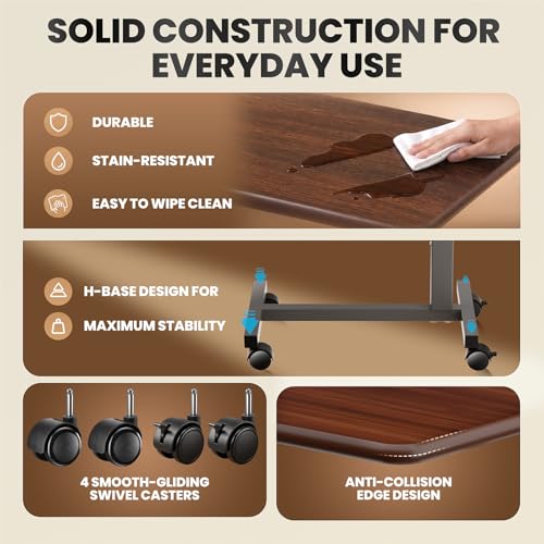 WOTURE Pneumatic Adjustable Overbed Bedside Table with Wheels - Hospital & Home Use, Medical Bed Table, Mobile Standing Desk, Rolling Laptop Cart, Non Tilt Surface(23.6" L x 15.7" W, Walnut) - color: Walnut