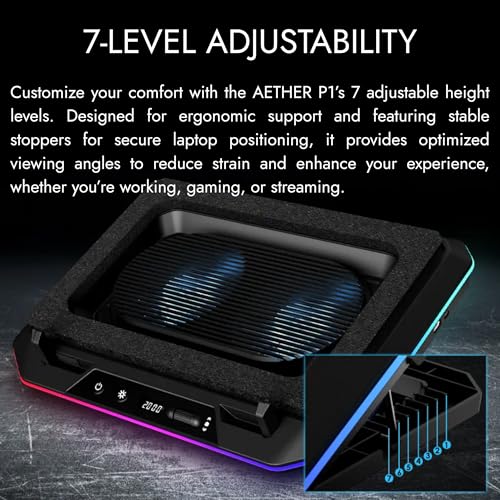 GAMDIAS Black Laptop Cooling Pad for Gaming Laptops up to 19”, Dual 135mm Fans, RGB Lighting, 7 Adjustable Heights, USB-A & USB-C Ports, Phone Stand, Aether P1