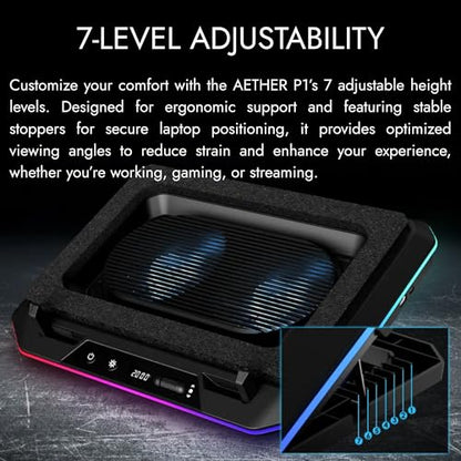 GAMDIAS Black Laptop Cooling Pad for Gaming Laptops up to 19”, Dual 135mm Fans, RGB Lighting, 7 Adjustable Heights, USB-A & USB-C Ports, Phone Stand, Aether P1