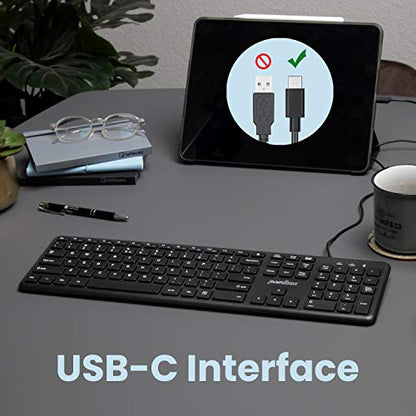 Perixx PERIBOARD-210C Wired Full-Size USB C Keyboard with Quiet Scissor Keys - Compatible with Windows, macOS, and Android Tablet and Laptops - Black - US English - style: Classic