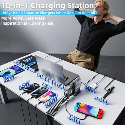 650W USB C Fast Charger Block,Dual PD 3.1 140W USB Charging Station, GaN Ⅲ Multi-Port PD PPS Fast Charging Station for Multiple Devices,Laptop Wall Charger Compatible with MacBook iPad iPhone 17 etc - size: 650W+A 240W Braided Nylon Fast Charging Cable