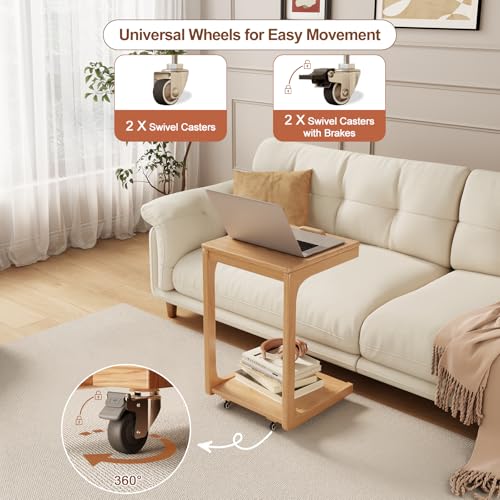 AQIMUELE Wooden C-Shaped End Table,Couch Table with Adjustable Desktop,Small Rolling Side Table with 2 Lockable Wheels,Small End Table for Couch, Living Room,Bedroom (Natural) - color: Natural, size: 15.6"D x 15.7"W x 24.8"H, style: Modern 2 Tier