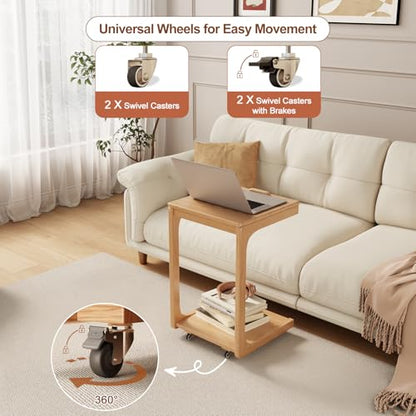AQIMUELE Wooden C-Shaped End Table,Couch Table with Adjustable Desktop,Small Rolling Side Table with 2 Lockable Wheels,Small End Table for Couch, Living Room,Bedroom (Natural) - color: Natural, size: 15.6"D x 15.7"W x 24.8"H, style: Modern 2 Tier