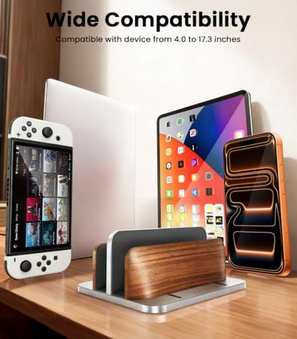 LOXP Vertical Laptop Stand, Dual Slot Wooden + Aluminum Laptop Holder | Desktop Adjustable MacBook Stand, Adjustable Base, for MacBook Pro/Air, (up to 17.3-inch All laptops) - color: silver