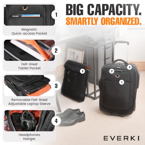 EVERKI Wheeled 420 Laptop Trolley Bag with Laptop Compartment, Black - 35L | Ballistic Nylon, Leather Accents, Rolling Carry-On Bag, Business, Gaming, Removable Sleeve, Travel-Friendly, Fits up to 18.4"
