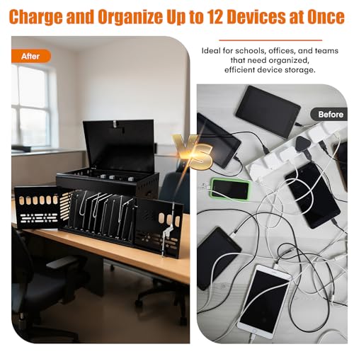 12-Device Tablet Charging Station Lock Box, Computer Cabinet with 2 Keys – Multi-Device Charging Cabinet for iPads, Chromebooks, Fire HD & Phones – Office, School, Hospital (Black),Fully Assembled - size: 12 Tablet/Chromebook(Black)