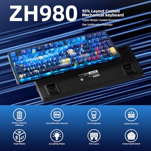 ZORNHER ZH980 Mechanical Keyboard,95% Blue Creamy Keyboard with Number Pad,Van Gogh's Starry Night Dye Sublimation PBT Keycaps,Creamy Sounding Linear Switches,Hot-Swappable,RGB Backlit - color: Van Gogh's Starry Night, size: Creamy Switch