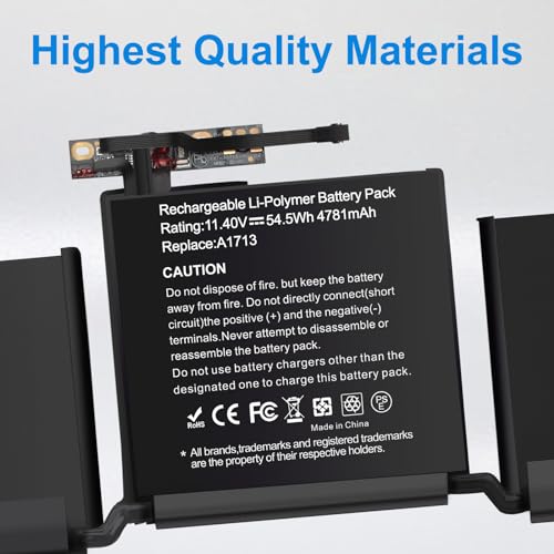 A1713 A1708 A2159 Laotop Battery for Mac Book Pro 13 Inch A1708(Mid2017,Late 2016) A2159 (2019) A2289 (2020) A2338 (2020,2022) EMC - size: A1713 13.25*5.51*0.984 in