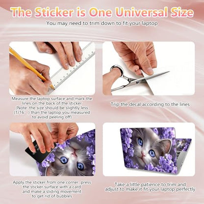 Laptop Skin Sticker Decal 12" 13" 13.3" 14" 15" 15.6",Waterproof Scratch Resistant Vinyl,Reusable Easy to Apply,for MacBook HP Dell Notebooks Netbooks Laptop,2 Wrist Pads,Cat Purple Flower - color: Cat Purple Flower