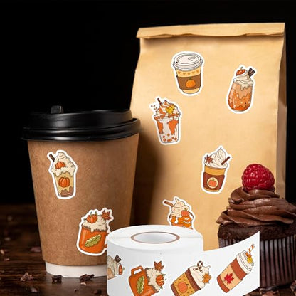 Haooryx Fall Coffee Sticker Roll - 1000p Autumn Pumpkin Spice Latte Coffee Cup Waterproof Vinyl Laptop Sticker Water Bottle Page Activity Pad Thanksgiving Birthday Party Scrapbook Greeting Card Making - style: Fall-Theme Pumpkin Coffee Cup 2Roll