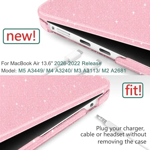 DONGKE Compatible with MacBook Air 13 inch Case M5 M4 M3 M2 2026 2025 2024-2022 A3449 A3240 A3113 A2681, Glitter Bling Plastic Hard Shell & Keyboard Cover for MacBook Air 13.6 inch, Sparkly Pink - color: Sparkly Pink