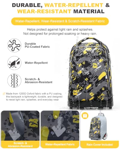 NEW TILAMI 19 Inch Rolling Backpack with Lunch Bag School Stair-Climbing | Stair-Climbing Teen Boys Girls Carry-on Suitcase Large Compartment 15.6 Laptop Sleeve Adjustable Handle Roller Travel Bag - color: Yellow Doodle