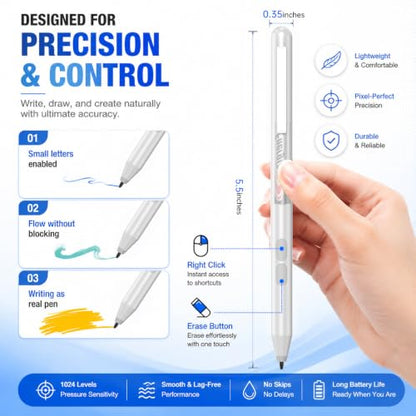 Active Pen for HP Omnibook Envy x360 Spectre Pavilion, Palm Rejection | 1024 Pressure Levels, 300-Day Battery, Dual Side Button, No Bluetooth, MPP 1.51 for Drawing & Note-taking - color: Silvery
