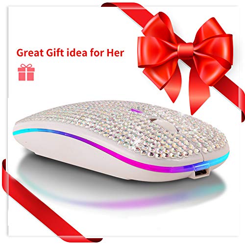 Bluetooth Mouse,Bling Dazzling 2.4GHz Rechargeable Wireless Mouse Slim Mouse with USB Receiver, Compatible with Notebook, PC, Laptop, Computer, MacBook,Great Present idea for Her (White) - color: White