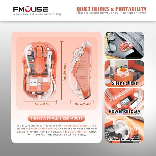 FMOUSE Transparent Wireless Mouse, Tri-Mode Bluetooth 5.1 & 2.4GHz, USB-A & USB-C Receiver, Silent Rechargeable RGB, 3 Devices for MacBook Laptop iPad PC, Creative Energetic — Orange - color: Orange
