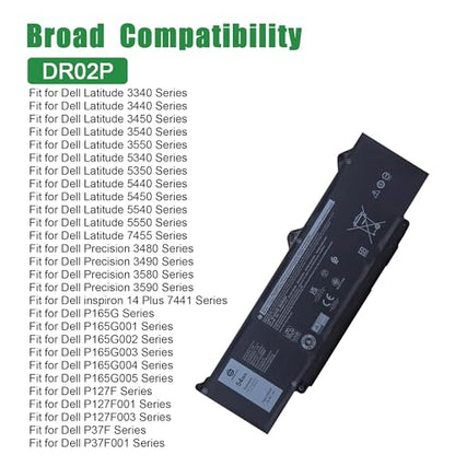 DR02P Laptop Battery Replacement for Dell Latitude 5350 5440 5450 5540 5550 7455 3340 3440 3450 3540 3550 5340 Precision 3480 3490 3580 3590 Series 02X1V9 2X1V9 RXF9T 803W6 WYJ45 11.4V 54Wh - size: 13.4*5.8*1.1inch DR02P