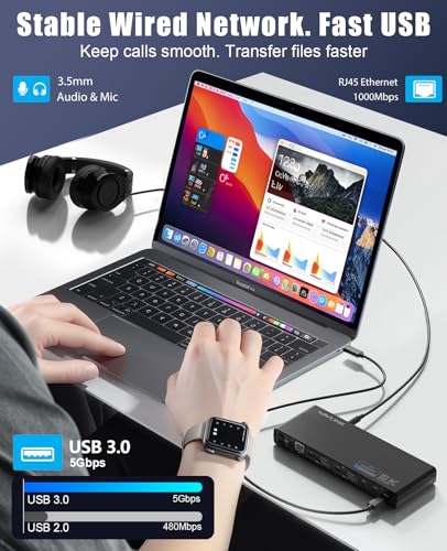 WAVLINK Displaylink Docking Station Dual 4K@60Hz Monitor for Mac, Windows | Universal For USB 3.0/USB-C Laptop, 2 HDMI/DP, Gigabit Ethernet, USB 3.0, Ideal for Home, Office & Multi-Screen Productivity.