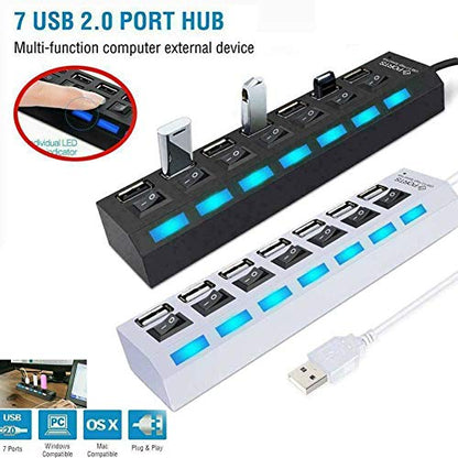 7-Port USB 2.0 Hub, USB Extender Splitter with Individual LED ON/Off Switches, Over-Current Protection, Plug-and-Play for Laptop