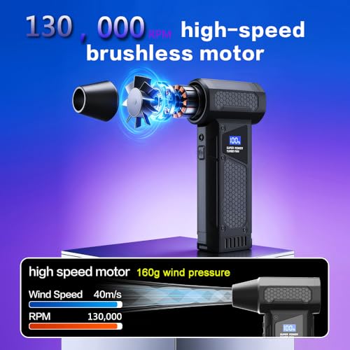 Portable 150W High Speed Turbo Fan air Duster 130,000RPM led Display 4 Levels Wind Speed Brushless Motor, Blowing and Inflating Feature,for Car Cordless Air Duster and Rechargeable.Black