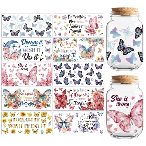 Peacoblue UV DTF Cup Wraps Transfer Stickers Butterflies Pattern, 10 Sheets Waterproof Custom Vinyl Transfer Sticker 16oz Coffee Glass Cup Tumbler Bottle Mug Decals for Men Women - style: Butterflies