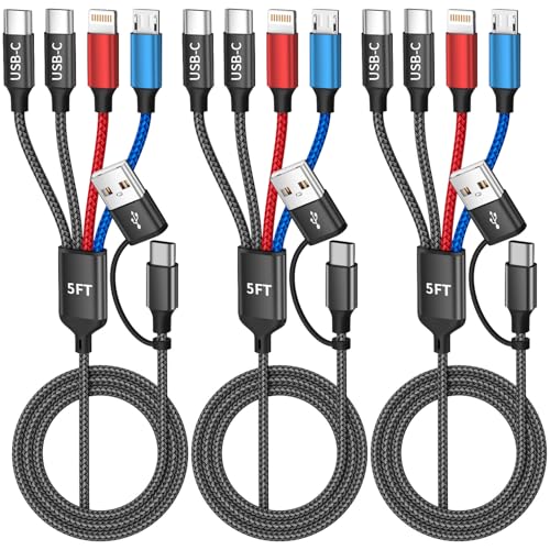 4 in 2 Multi Charging Cable, Charging Cords for Multiple Devices, 3Pack 5FT | Dual Type-C Ports Phone Charger Cord, Universal Charger for iPhone17-12/Android/Pad, Car, Camping and More, Travel Essentials - color: Multicolored, size: 3Pack 5FT
