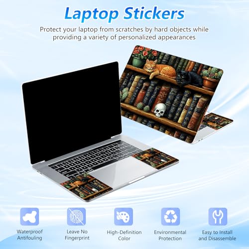 Universal Laptop Skin Sticker Decal with 2 Wrist Pad Skins, Waterproof Scratch Vinyl Cover for 11–15.6 Inch MacBook, HP, Dell, Lenovo, Cutable & Reusable,Gothic Skull Cat Bookshelf - color: Gothic Skull Cat Bookshelf