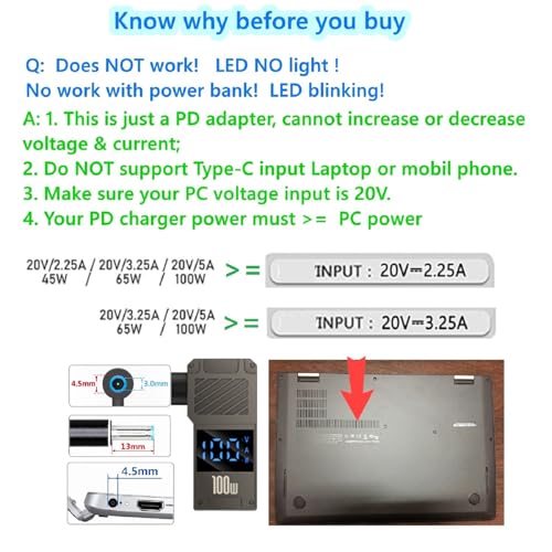 USB C to 4.5mm Laptop Charging Adapter, 100W Female Type C to Male DC 4.5 x 3.0mm(0.6mm) Jack Plug Converter with Power watt Display for H.P Notebook Probook Elitebook Laptop (1)