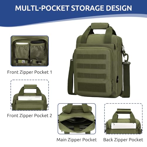 Tactical Messenger Bag, Laptop Briefcase MOLLE Shoulder Pack Handbag | Heavy Duty, Adjustable Strap, Water-resistan, Fit 14inch Tablet, Satchel Work Bag, for Outdoor, Hiking, Travel - color: Army Green