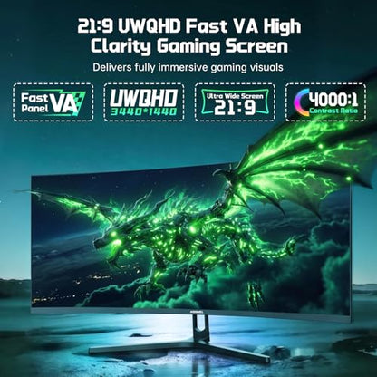 34 Inch Curved Gaming Monitor 200Hz UWQHD 3440×1440P Curved Monitor | HDMI 2.1×2 DP1.4×1 AI Crosshair 21:9 PIP/PBP, MPRT 1ms Fast VA Display (G34F1Q, One HDMI 2.1 Cable Included) - size: 34 Inch