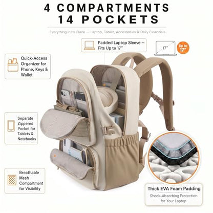 LOVEVOOK Laptop Backpack with Locking Cup Holder & Anti-Slip Strap, 17" Waterproof Travel Daypack Trolley Sleeve, Work College Commute Bag with Keychain Zip Pouch - color: Beige - Khaki, size: 17 Inch