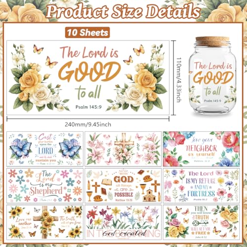 Peacoblue UV DTF Cup Wraps Transfer Stickers Bible and Flowers Pattern, 10 Sheets Waterproof Custom Vinyl Transfer Sticker 16oz Coffee Glass Cup Tumbler Bottle Mug Decals for Men Women - style: Bible and Flowers