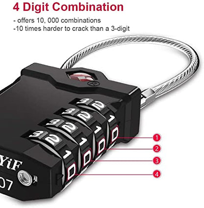 ZHEGE Travel Locks, TSA Approved Locks for Luggage (4 Pack, Black) | 4 Digit Cable Lock with Inspection Indicator for Suitcase, Backpack, Baggage, Easy to Read - color: 4p Black