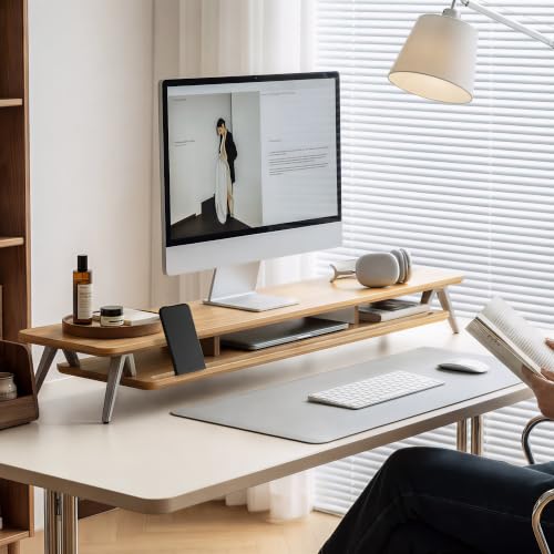 Fenge Dual Monitor Stand Riser, Wooden Desk Shelf with 2-Tier Storage | 42.5-Inch Wide, Sturdy Aluminum Legs, Built-In Phone & Tablet Slot, Desktop Organizer for Office Accessories - color: Dark Oak, size: 42.5 Inch