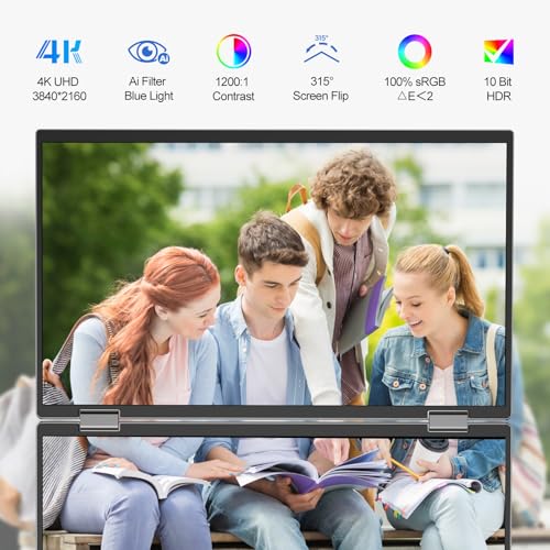 InnoView Portable Dual Monitor 15.6" 3840x2160P 4K 100% sRGB | Owl Eye Vision - Foldable Design with 315° Screen Adjustment, 180° Stand | DP/USB-C/HDMI, Dual Screen Extender for Laptop, Mac, Windows - size: 15.6 in