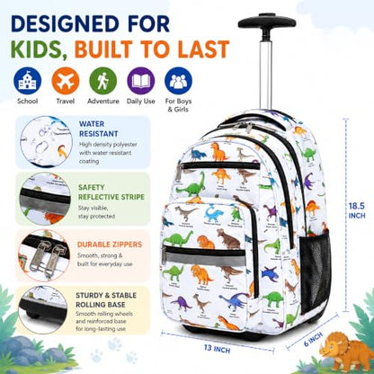 Heavy Duty Rolling Backpack School Bookbag with Wheels Deluxe Wheeled Daypack - color: Dino
