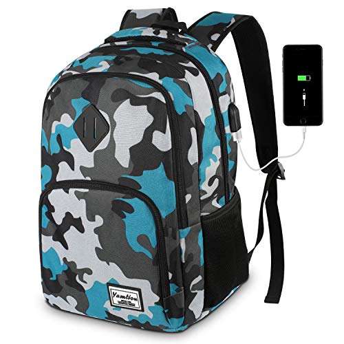 School Backpack for Teen Boys,Bookbag for High School College Backpack with USB,Camouflaged Blue - color: Cam Blue, size: 15.6 inch