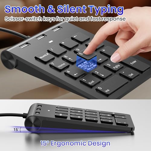 2-in-1 Number Pad & USB Hub with USB-C and USB-A Cables, 15° Ergonomic Wired Numpad with 3 USB 2.0 Ports , Number Keypad for Laptop/iPad/MacBook/PC/Windows/MacOS,No Adapter Needed USB Number Keypad - color: Black