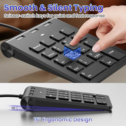 2-in-1 Number Pad & USB Hub with USB-C and USB-A Cables, 15° Ergonomic Wired Numpad with 3 USB 2.0 Ports , Number Keypad for Laptop/iPad/MacBook/PC/Windows/MacOS,No Adapter Needed USB Number Keypad - color: Black