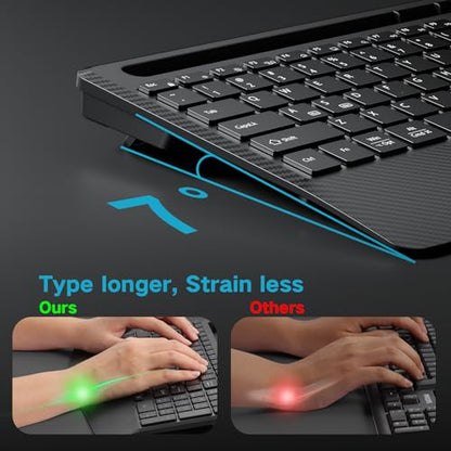 Hamile Wireless Backlit Keyboard with Wrist Rest, Black | 2.4G and Bluetooth keyboard with 8 backlight effects, slim rechargeable silent keys, holder, and Windows/Mac support - color: Black