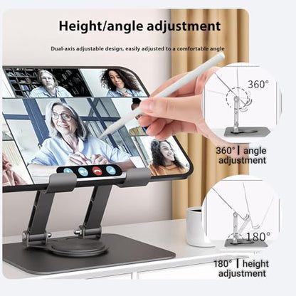 360° Swivel Tablet Stand for iPad, Adjustable Height & Angle Ergonomic Holder, Foldable Portable Desktop Mount for 4-11.9 inch Tablets & Phones, Non-Slip Base with Heat Vent - color: black