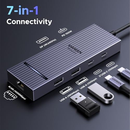 UGREEN Revodok Pro 7 in 1 USB-C Hub to DisplayPort 4K 60Hz | 100W Power Delivery 10Gbps USB-A and USB-C 3.2 for MacBook Neo/Pro/Air, iPad Pro, Thinkpad, Rog Ally and More.