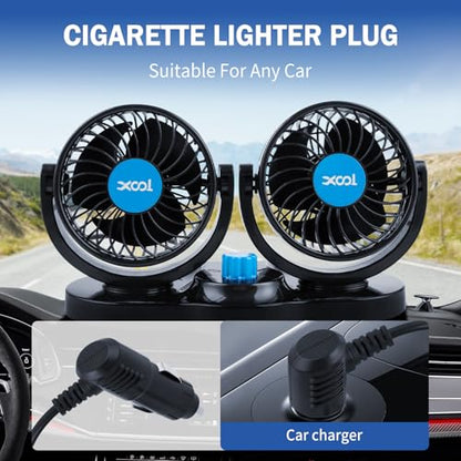 XOOL Car Fan 12V Portable Auto Cooling Fan with Cigarette Lighter Plug, 360° Rotatable High Power Vehicle Fan for Truck SUV RV - size: Cigarette Dual Fan - Front (Enhanced)