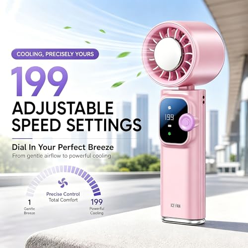 Portable Handheld Fan with Ice Cooling, Personal Rechargeable Fan 20000RPM,199-Speed Mini Neck Fan with 4000mAh Battery Powered up to 15hrs with LED Display for Travel, Camping & Outdoor, Pink - color: Pink