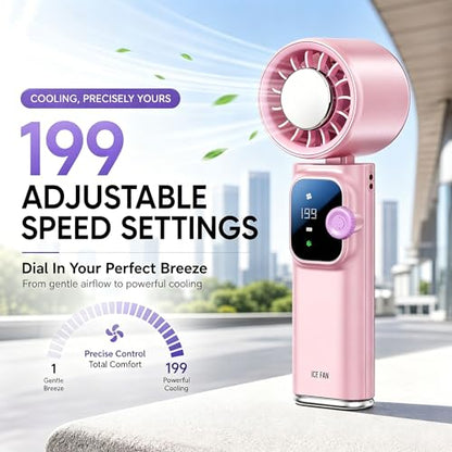 Portable Handheld Fan with Ice Cooling, Personal Rechargeable Fan 20000RPM,199-Speed Mini Neck Fan with 4000mAh Battery Powered up to 15hrs with LED Display for Travel, Camping & Outdoor, Pink - color: Pink