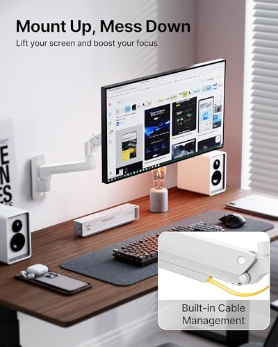 monTEK Ultra Wide Wall Mount Monitor Arm for 17-49 Inch Screens, Heavy Duty Single Monitor Mount up to 44 lbs, Fully Adjustable Gas Spring Wall Mount, 75x75/100x100 VESA Mount, White - color: White