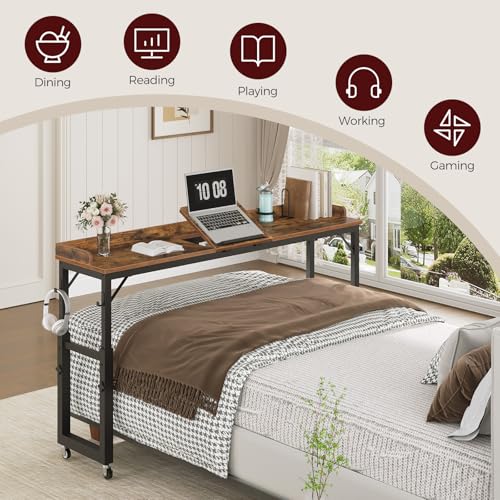 MAHANCRIS Overbed Table with Wheels, Queen Size Mobile Bed Desk with Adjustable Height, Computer Desk with Tilt Stand, Rolling Laptop Table, Recliner Desk for Office, Hospital, Rustic Brown MTHR18101 - color: Rustic Brown