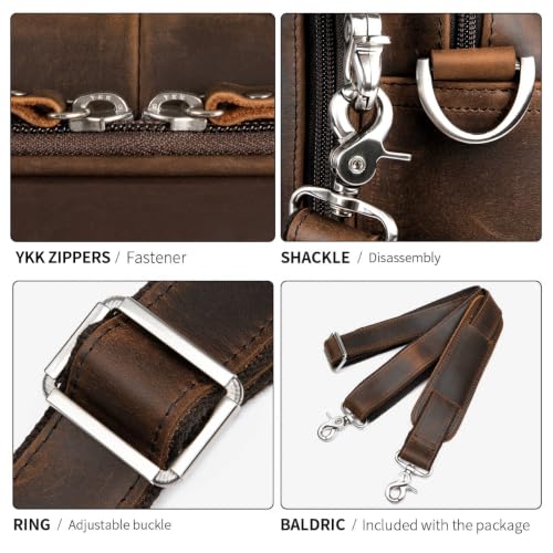 Leather Briefcase for Men 16" Laptop Shoulder Bag with Luggage Strap | 100% full-grain leather, YKK zip, fits 15.6-17" laptop, shoulder strap, 17x6.5x12", 4.2lb